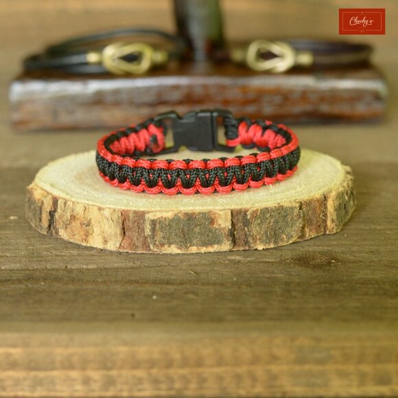 Paracord Survival Bracelet Side Release Buckle Black/Red L 7.25"(ID204) - Picture 2 of 2